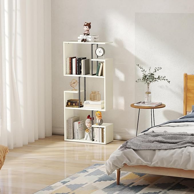 Manora 3 Tier Geometric Bookcase, S Shaped Bookshelf, Modern White Bookcase with Tall Display Shelves, Decorative Storage Shelf for Living Room and Bedroom