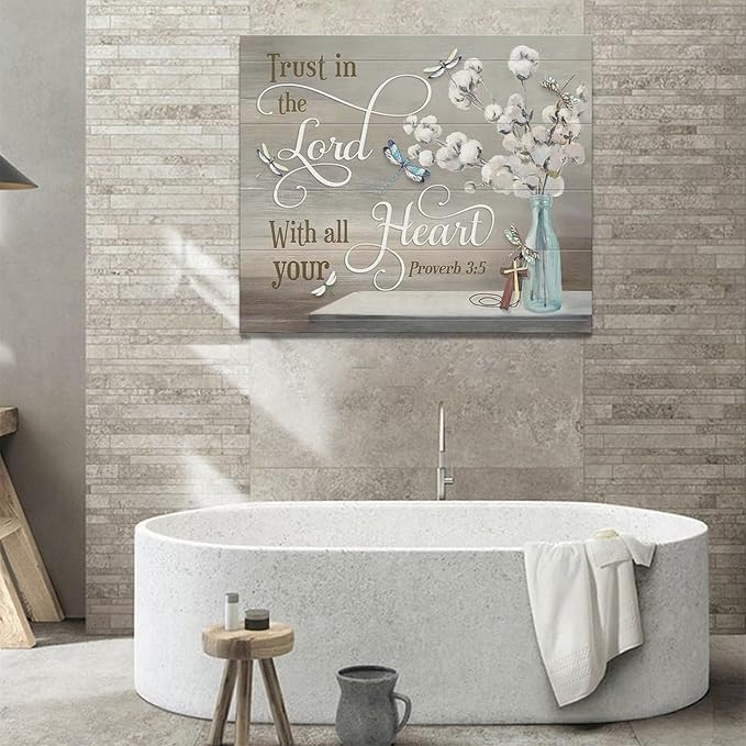 Christian Bible Verse Wall Art Religious Pictures Wall Decor Scripture Canvas Farmhouse Cotton Painting Modern Decoration Artwork for Bathroom Living Room Bedroom Office Framed 24"x20"