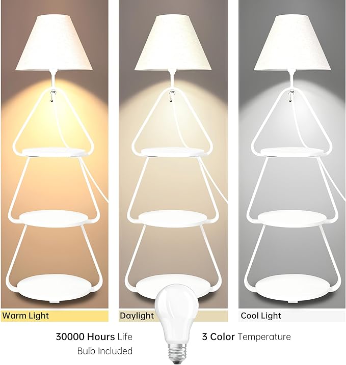 Floor Lamp with Small Round Side Table, 3-Tier Circular End Table with Storage Shelf, Round Corner Coffee Desk Nightstand for Living Room Bedroom Small Spaces, White