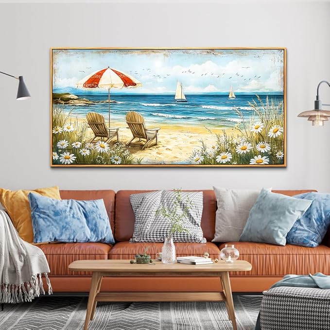 ERQINHUA Large Wall Decor Canvas Painting Wall Art For Living Room Bedroom Home Decoration Blue Seaside Landscape Painting Print For office Dining Room Bathroom Wall Aesthetics Wood Frame 30x60 In