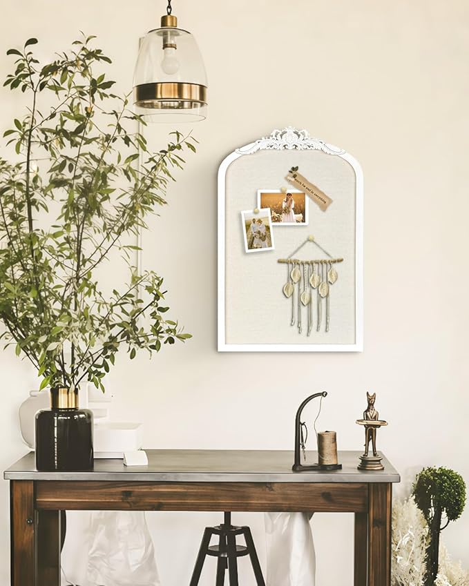 Bulletin Board with Linen, Vintage Arch Framed Pin Board – 15.7" x 24.8" White Cork Board for Walls, White Pine Wood Frame, Fabric Pinboard, Vision Board for School, Home & Office