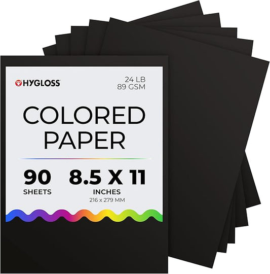 Hygloss Black Paper - 24 lb, 89 GSM, Fade-Resistant, Acid-Free, 8.5x11-Inch Letter Size Color Copy Paper, 90 Sheets