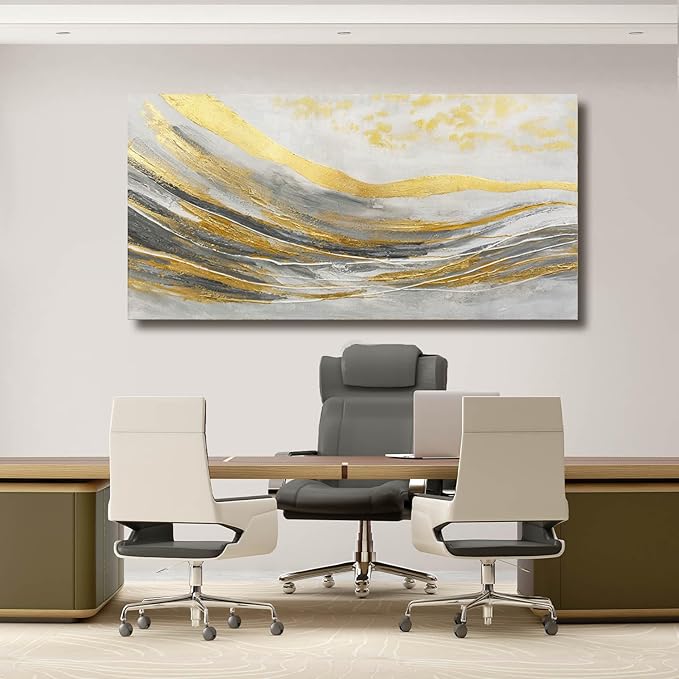 Artexist Abstract Line Wall Art Prints, Gold & Grey, 24"x48" Large Canvas Wall Pictures for Living Room, Bedroom, Office Decor