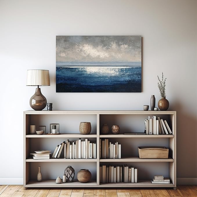 gaosoul Modern Blue Abstract Canvas Wall Art Hand Painted Oil Seascape Prints with Gradient Ocean Blues Misty Gray Sky Gallery Wrapped Wall Decor for Living Room Bedroom Office Framed 24x16in