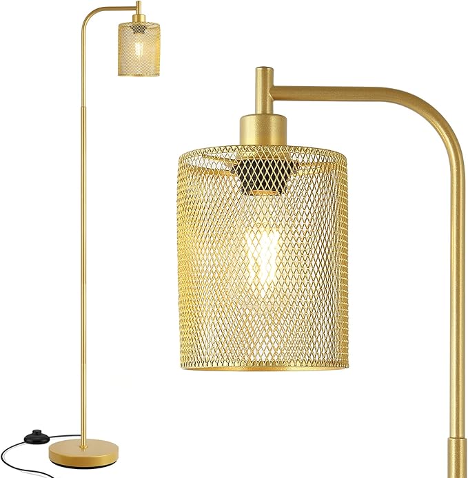 BoostArea Industrial Gold Floor Lamp, 67 Inch LED Standing Lamp with Iron Mesh Lampshade, 6W Brass Stand Up Lamp for Living Room, Bedroom, Office, Den