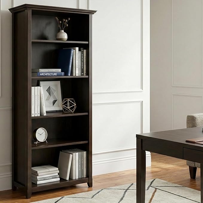 SIMPLIHOME Amherst Bookcase - 70 inch Tall 5-Shelf Solid Wood Bookshelf in Hickory Brown, Transitional Storage for Living Room, Study Room or Office with Adjustable Shelves and Tapered Legs