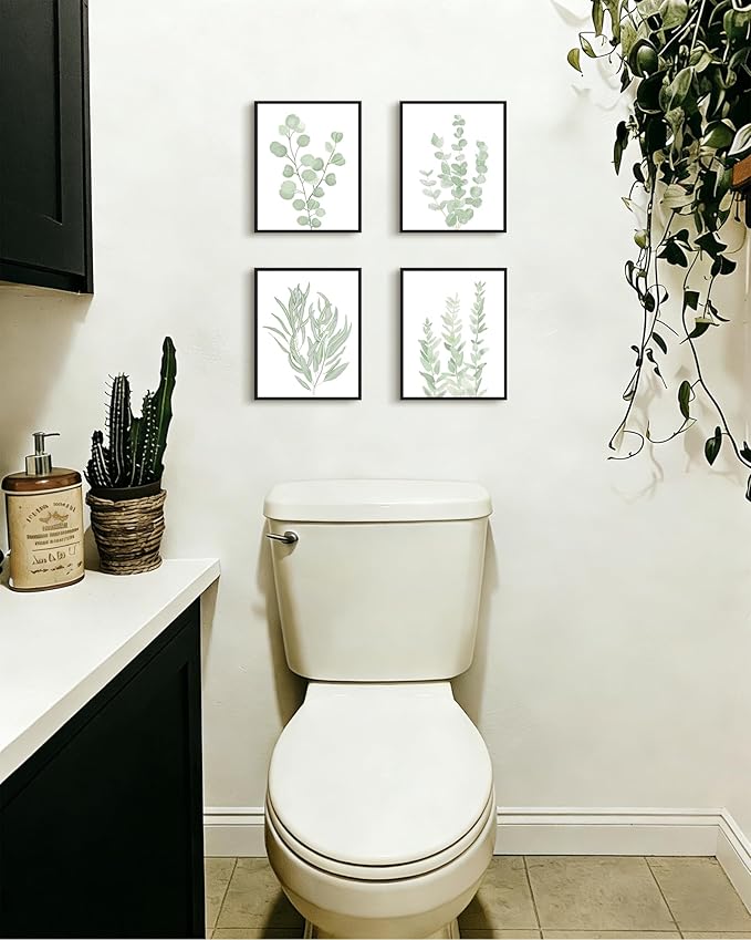 Drsoum Framed Botanical Plant Canvas Wood Wall Art Light Green Sage Wall Decor Eucalyptus Leaf Picture for Home 8”x 10” x 4pcs Black Framed