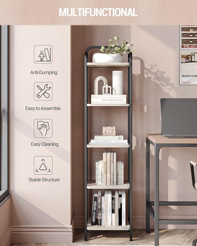 Bookcase Bookshelf, Narrow Book Shelf, Industrial Corner Shelf Storage Organizer, Slim Shelving Unit for Home Office, Living Room, Bedroom, Kitchen, 5-Tier Greige and Black BC24505B