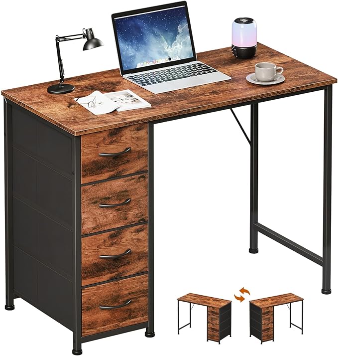 Somdot Small Computer Desk with 4 Drawers for Bedroom,39 Inch Simple Home Office Writing Desk, Study Table with Storage,Work for Home Office, Study,Living Room and Small Spaces,Wood Grain Print