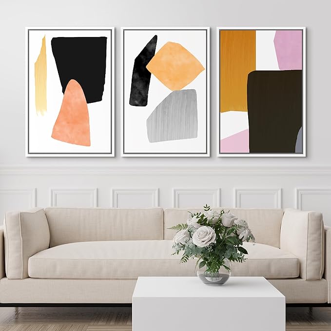 SIGNFORD Framed Wall Art Print Set Orange, Black & Purple Polygons Abstract Shapes Digital Art Modern Art Contemporary for Living Room, Bedroom, Office - 16"x24"x3 White