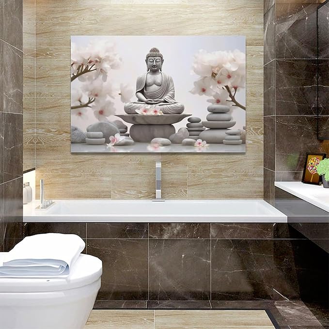 yerretin Buddha Zen Wall Art Buddhist Pictures Wall Decor Blossom Statue Canvas Meditation Painting Modern Artwork Home Decoration for Bathroom Living Room Bedroom Spa Yoga Framed 24"x16"