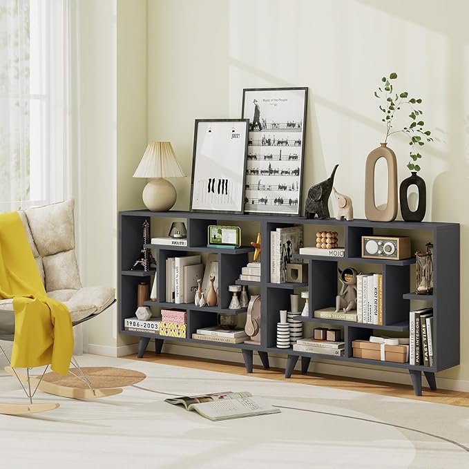 Tangkula Geometric Bookshelf, 3 Tier Modern Freestanding Open Bookcase with Anti-Tipping Devices & Legs, Home Office Decorative Storage Organizer Display Shelf for Living Room Study (Dark Grey)