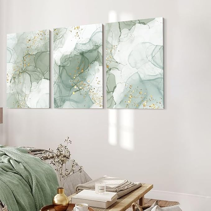 Green Wall Art Set of 3,Abstract Sage Green Wall Decor Living Room, Gold Green Beige Marble Large Framed Canvas Wall Art Mid Century Modern Art Pictures, Boho Green Aesthetic Wall Decor Bedroom Bathroom Office,16x24inch