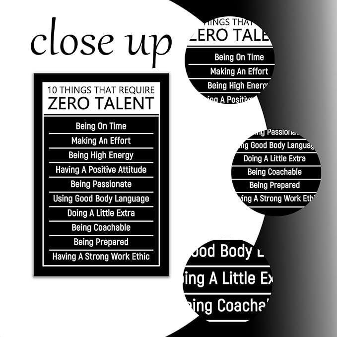 DINGFUN Motivational Wall Art 10 Things That Require Zero Talent Inspirational Canvas Poster Framed Mindset Decor for Home Office Desk Teen Room Daily Reminder Ready to Hang, 18x12 Inch