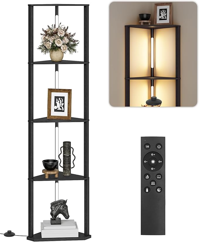 63.4” Display Shelf with Light, Modern Corner Floor Lampe with Shelves, LED Dimmable Standing Lamp with Remote for Living Room, Bedroom, Office, Adjustable CCT, Black Triangle B55LD05