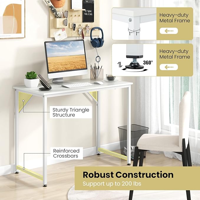 Giantex 40-Inch White Computer Desk, Home Office Desk with Heavy-Duty Metal Frame, Modern Simple Gaming Table PC Workstation, Versatile Small Desk for Bedroom, Small Spaces