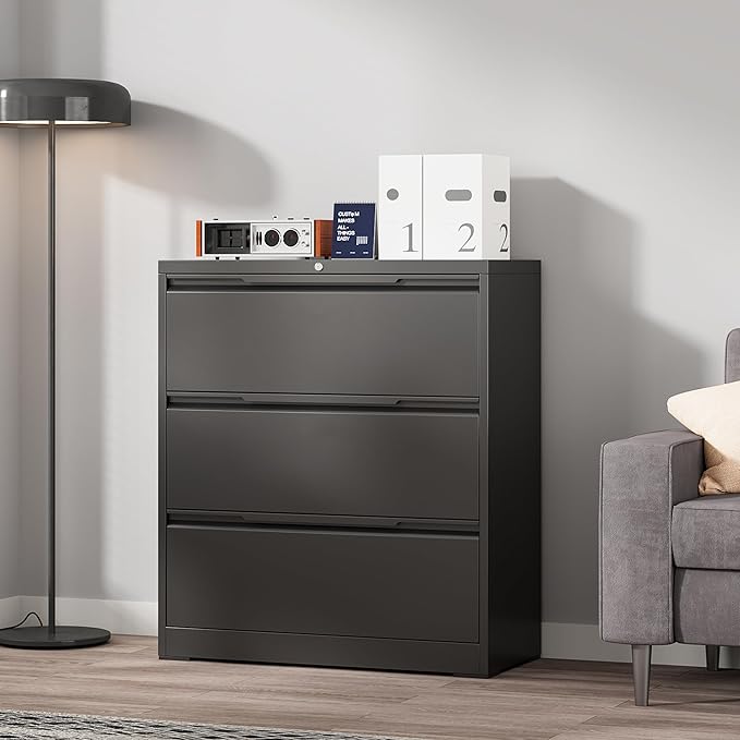 Coolsun Metal File Cabinet with Lock, 3 Drawer File Cabinet for Home Office, Lockable Lateral Filing Cabinet for A4/F4/Lagel/Letter (Black, 3 Drawer Lateral)