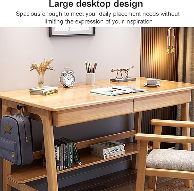 SAZDFY Solid Wood Home Office Desk Workstation, Writing Desk with 2 Drawer and Shelves,Mid Century Modern Computer Desk PC Study Table for Small Spaces(100x60x75cm(39x24x29in), Blue1)