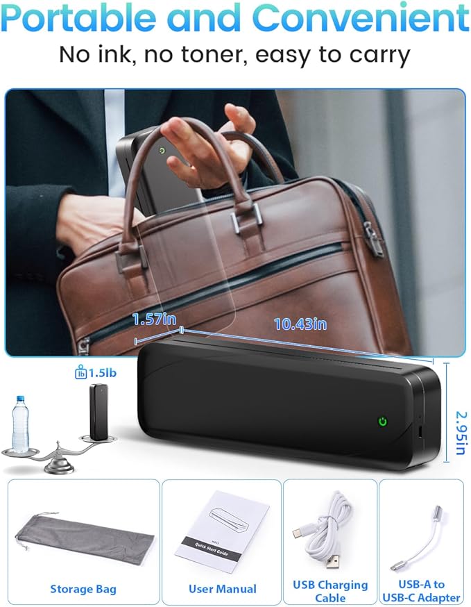 Memoking Portable Printers Wireless for Travel, Inkless Thermal Printer 8.5" x 11" Letter Paper for Phone & Laptop, 304DPI HD Quick Print Mobile Bluetooth Small Printers for Home Office or School