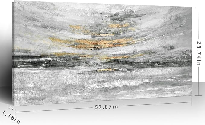 Nicetop 58x29" Modern Minimalist Black & White Abstract Coastal Wall Art with Metallic Gold Accents – Gallery Wrapped Abstract Ocean Waves & Clouds Canvas Art, Ready to Hang for Living Room Wall Decor, Bedroom Wall Art & Office Wall Decor