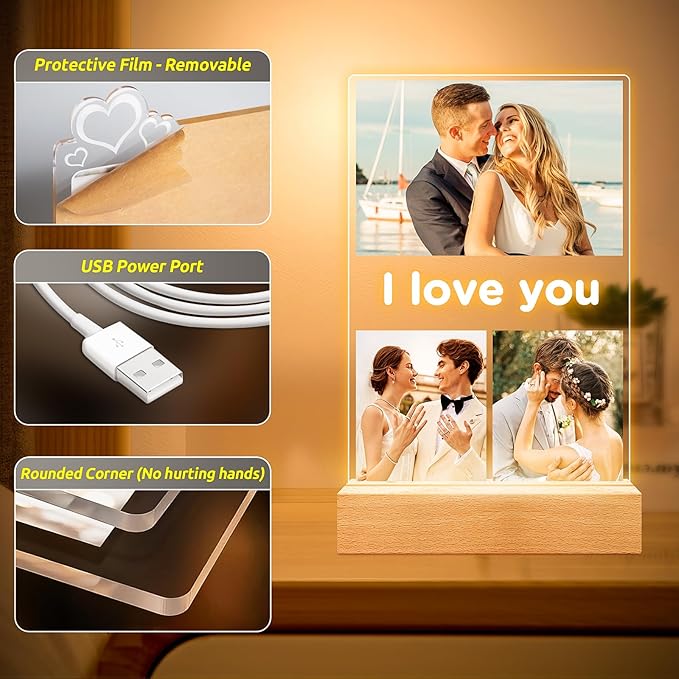 Custom Picture Frames with Photo, Personalized Photo Frame with Night Light, Customized Gifts for Girlfriend Boyfriend, Personalized Anniversary Birthday Gifts for Women Men Her Him Couple