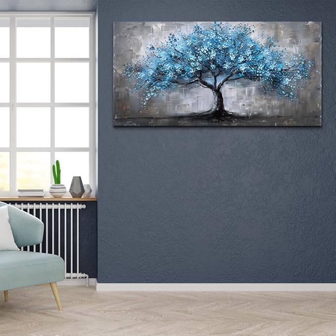 FUHAIHUA Canvas Wall Decor For Bedroom Large Wall Art For Living Room Office Decortions Black And White Paintings Blue Trees Wall Pictures Framed Mural Aesthetic Home Decor Posters Artwork 24x48 In