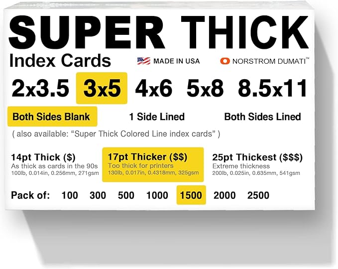 1,500 SUPER THICK index cards / 3"x5" / 17pt (0.017") 130lb / blank un-ruled/archival acid-free in bulk