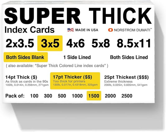 1,500 SUPER THICK index cards / 3"x5" / 17pt (0.017") 130lb / blank un-ruled/archival acid-free in bulk