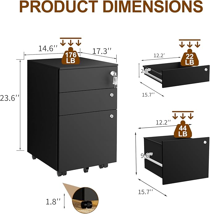 3 Drawers File Cabinet with 3 Lock, Mobile Metal Filing Cabinet, Fully Assembled Except Casters, for Home Office, for A4, Letter, Legal File Folders, Black