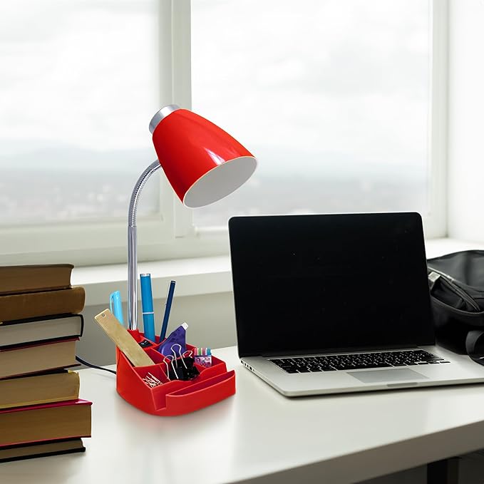 Simple Designs LD1067-RED Compartmental Desk Lamp with iPhone/iPad/Tablet Stand, Bendable Gooseneck, for Office, Living Room, Nightstand, Library, Entryway, Red