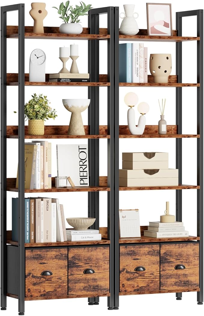 Furologee 6-Tier Bookshelf Set of 2,Tall Bookcase with 2 Drawers and Shelves, Industrial Display Free Standing Shelf Units, Storage Rack Organizer for Bedroom, Living Room, Home Office, Rustic Brown