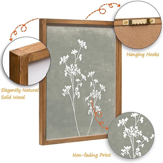 Framed Boho Wall Art Set of 4 for Wooded Minimalist Botanical Print Wall Art for Rustic Vintage Farmhouse Home Kitchen Wall Decor (Brown, 16"x20")