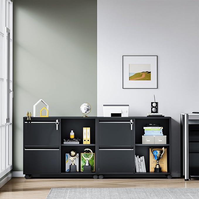 Yizosh 2-Drawer Metal File Cabinet with Lock, Mobile Lateral Filing Cabinet, Printer Stand with Adjustable Storage Shelves for Home Office (Black)