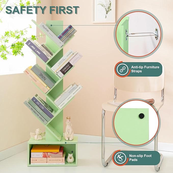 Yoobure Tree Bookshelf - 6 Shelf Retro Floor Standing Bookcase, Tall Wood Book Storage Rack for CDs/Movies, Utility Book Organizer Shelves for Bedroom, Living Room, Home Office Green