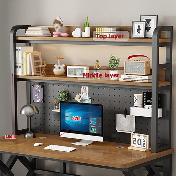 55in Gaming Desk with Bookshelf Combo, Computer Desk with Pegboard, Large Writing Table with Desktop Shelves, Ample Leg Room, for Home Office (White, 55in)