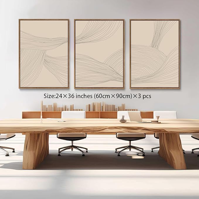 myusuar 3 Piece Large Modern Abstract Canvas Framed Wall Art For Living Room, Beige Minimalist Wall Art Decor Posters Prints For Bedroom Office, 24x36in