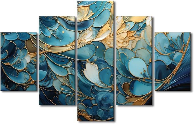 Canvas Wall Art Decor for Home Modern Abstract Canvas Wall Art Blue and Gold Abstract Marble Poster Prints on Canvas 5 Panel Living Room Decoration Artwork Stretched Ready to Hang 60x40 in