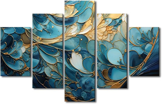 Canvas Wall Art Decor for Home Modern Abstract Canvas Wall Art Blue and Gold Abstract Marble Poster Prints on Canvas 5 Panel Living Room Decoration Artwork Stretched Ready to Hang 60x40 in