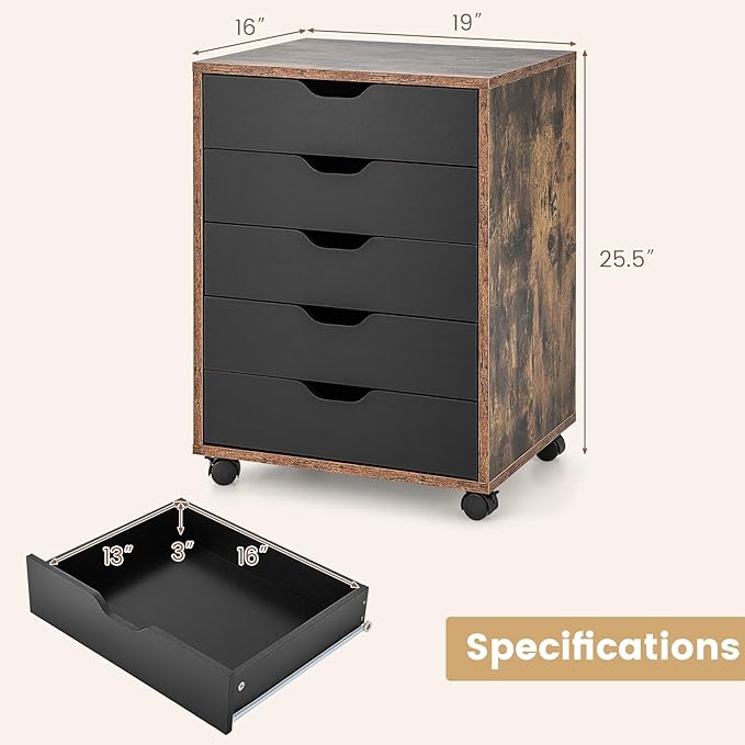 5 Drawer File Cabinet, 26.5" Vertical Filling Cabinet for Home Office, Under Desk Office Drawer Organizer, Universal & Lockable Casters, Rolling Printer Storage Rack
