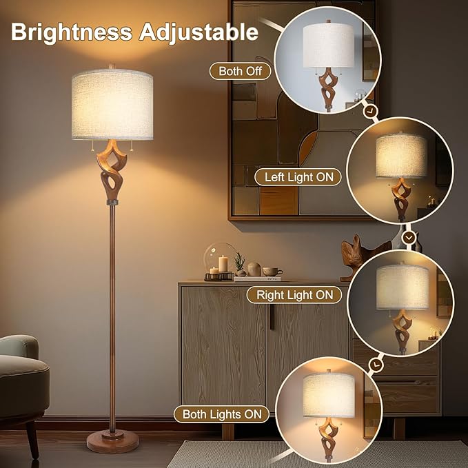 Scenekoy Sculptural 65.5” Floor Lamp for Living Room Bedroom, Bronze Wood Finish & Resin Body, Pull Chains Switch Standing Lamp, Brightness Adjustable Corner Lamp with Bulb Prefer for Home Office Bar
