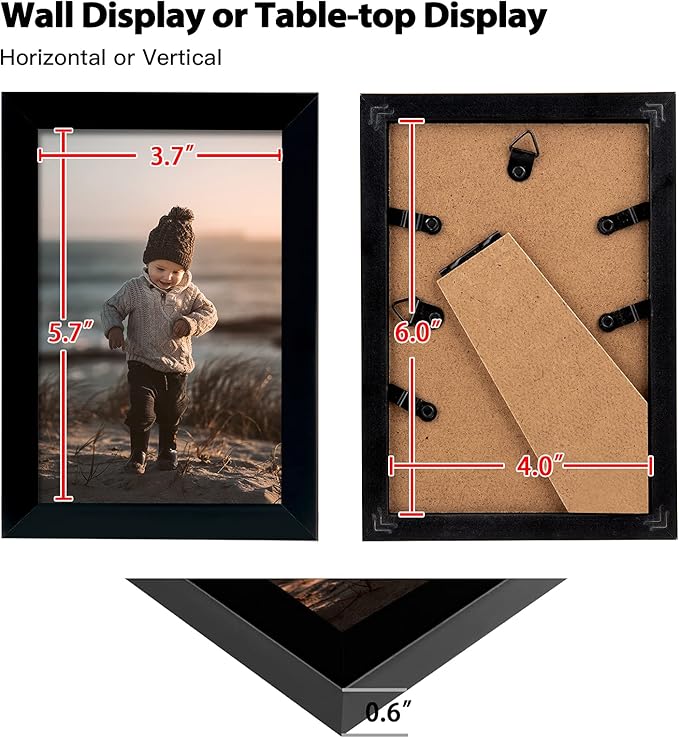 KINLINK 4x6 Picture Frame Black Set of 6, Wooden Photo Frames with Plexiglass for 4x6 without Mat for Table and Wall Display