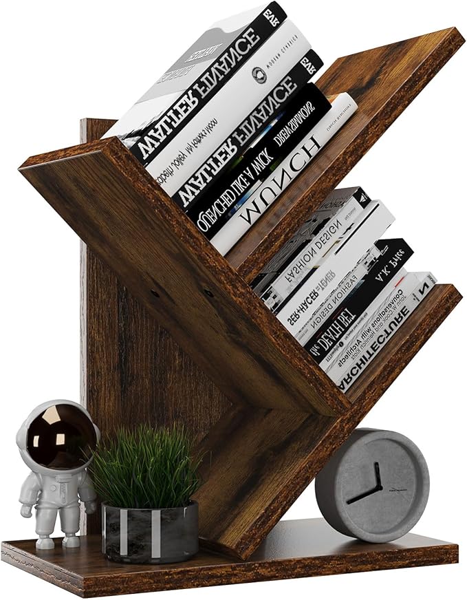 YMYNY 2 Tier Tree Bookshelf, Small Bookcase, Modern Wood Book Storage Rack Organizer, Freestanding Book Shelf for Books/Movies/CDs, Display Rack for Bedroom, Home Office, Rustic Brown UHBC012H