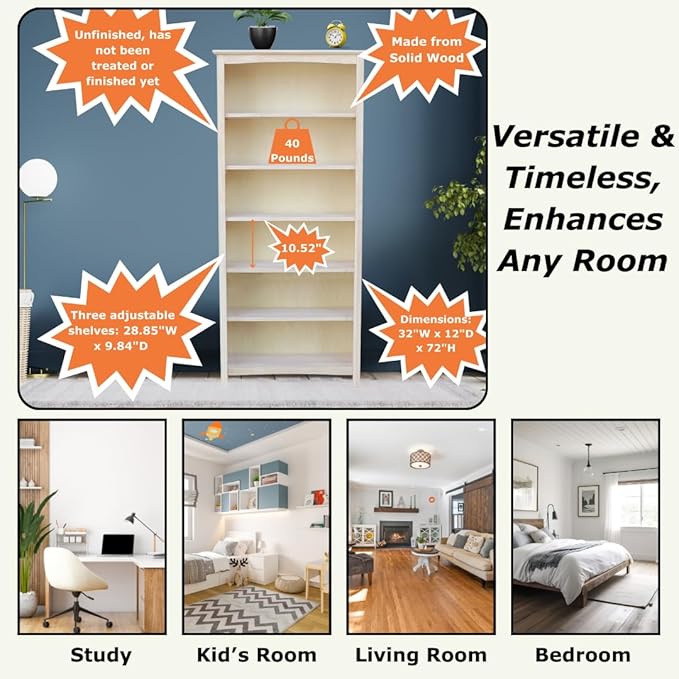 International Concepts Tall Shaker Bookcase, 72-Inch High, Solid Parawood, Unfinished