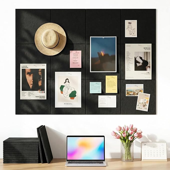 Aothia 12-Pack Felt Bulletin Board Tiles for Walls - 48x36 Modular Bulletin Board, Cork Board Alternative Pin Board for Office & Classroom, 70 Adhesive Tabs & 40 Push Pins Included (Black)