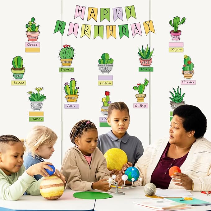 JarThenaAMCS 85Pcs Happy Birthday Bulletin Board Set Green Cactus Calendar Poster Plants Classroom Birthday Chart for Back to School Decorations