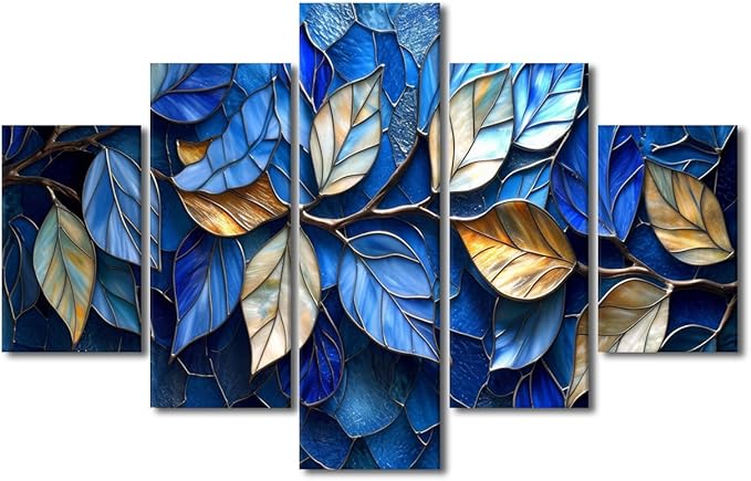Canvas Wall Art Modern Abstract Canvas Art Decor Blue and Golden Leaves Poster Prints on Canvas 5 Panel Wall Art for Men Lady Living Room Decoration Stretched and Framed Ready to Hang 60x40 in
