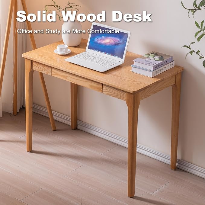 Solid Wood Desk with Drawers, Home Office Desk for Small Spaces, Gaming Work Study Desk, Student PC Desk for Bedroom, Easy to Assemble (Wood Color, 31.5 inch)