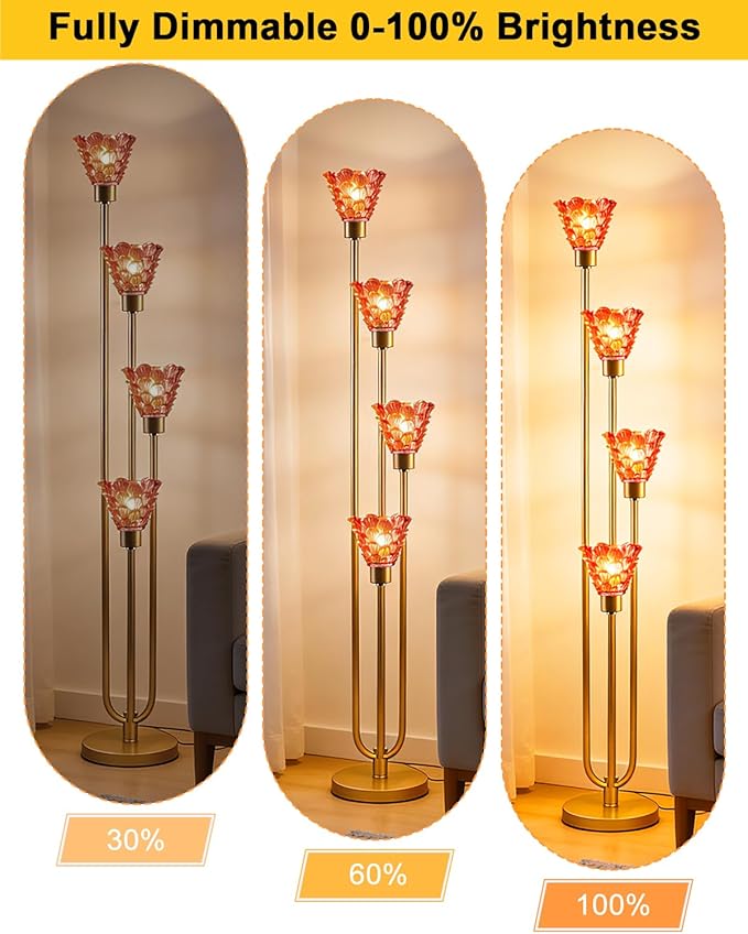 4-Light Modern Glass Floor Lamp, Gold Tall Standing Lamp with Pomegranate Red Flower Glass Shade, Dimmable LED Floor Lamp with Line Control for Living Room Bedroom, Bulb Included