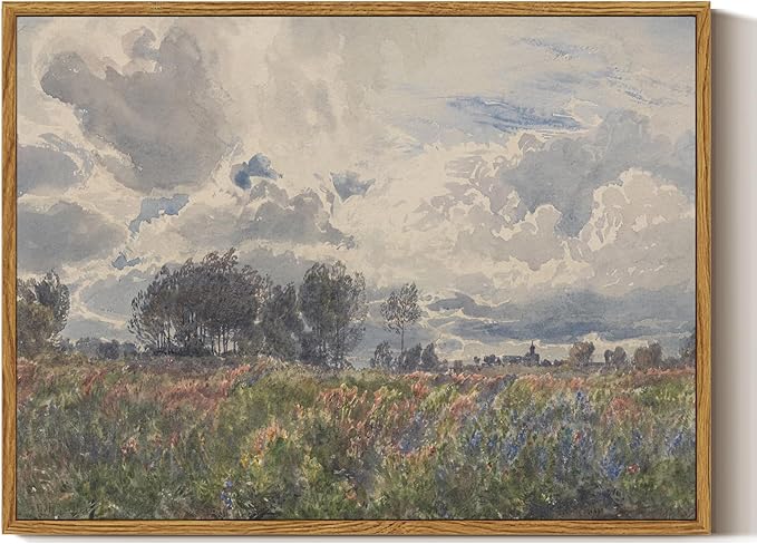 ARPEOTCY Vintage Framed Canvas Wall Art, 12x16 Inch Watercolor Wildflower & Sky Prints, Retro Landscape Wall Art for Living Room Bedroom Office, Farmhouse Bathroom Decor Aesthetic