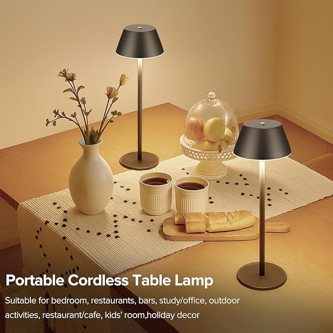 Cordless Table Lamps, LED Rechargeable Battery Operated Lamp with 2 Adjustable Height 3 Colors Stepless Dimming, Touch Control Wireless Desk Lamp for Restaurant,Bars,Coffee Shop (Black Set of 2)